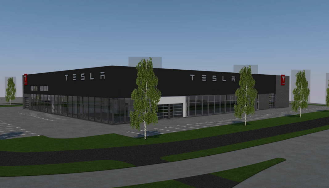 Slik ser Tesla for seg nytt anlegg i Grenland, noen hundre meter fra dagens lokasjon i Porsgrunn.