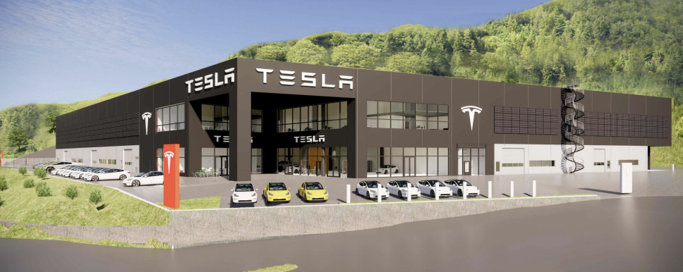 Slik ser Tesla for seg at det nye anlegget i Drammen kan se ut.