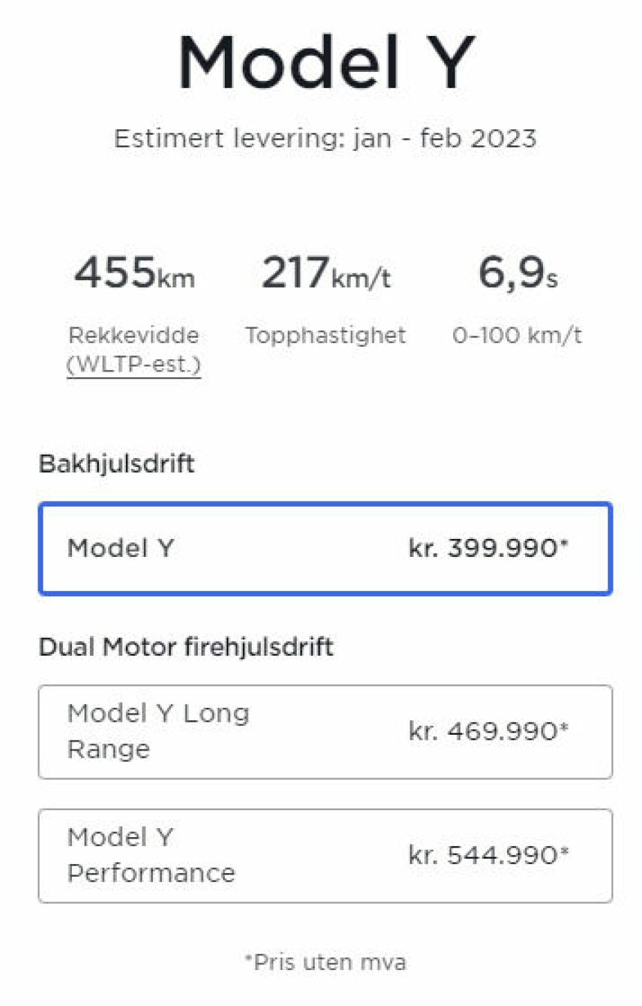 Slik markedsføres Tesla Model Y-prisene på merkets norske nettsider.