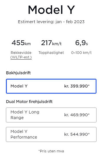 <span class="italic font-weight-bold" data-lab-italic_desktop="italic" data-lab-font_weight_desktop="font-weight-bold">Slik markedsføres Tesla Model Y-prisene på merkets norske nettsider.</span> <span class="italic font-weight-bold" data-lab-italic_desktop="italic" data-lab-font_weight_desktop="font-weight-bold">Slik markedsføres Tesla Model Y-prisene på merkets norske nettsider.</span>